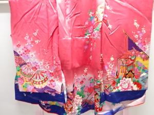 御所車に牡丹・梅模様刺繍子供着物(重ね衿付き)